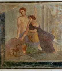 Fragment van een muurschildering uit Pompeii: mystieke scène ...