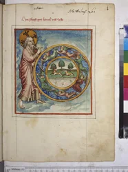 Volledige pagina: God schept hemel en aarde (gekleurde pentekening)
