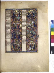 Volledige pagina: acht medaillons met miniaturen en tekst, ca. 1225-1250 (tempera op perkament)