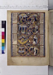 Volledige pagina: acht medaillons met miniaturen en tekst, ca. 1225-1250 (temperaschilderij)