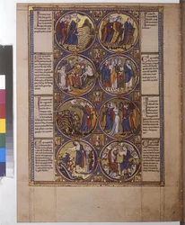 Volledige pagina: acht medaillons met miniaturen, de zus van Aaron, dansend met een timbrel in haar hand), ca.1225-1250 (temperaschilderij)