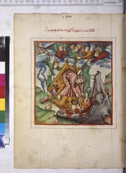 Volledige pagina: val van Lucifer in de kloof van de hel (gekleurde pentekening)