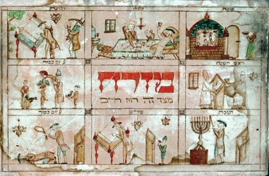 Mizrach, een versiering die aan de muren van een huis wordt gehangen om de gebedsrichting aan te geven, met het gezicht naar het oosten in de richting van Jeruzalem (aquarel op papier)