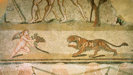 Putto en tijger. Mozaïek van de Villa Hermes, Aquincum, Hongarije