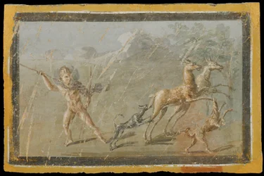 Scène van een jachtHerculanum, huis van de CerfsRond 60-80 CEWallpainting ...