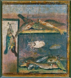 Stilleven met vogels, vissen en octopus