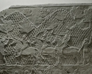 Het Assyrische leger van koning Ashurbanipal in gevecht tijdens de veldtocht tegen Elam ...