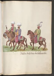 Het hof van een pasja en sultan: twee kamerheren te paard, één met een valk