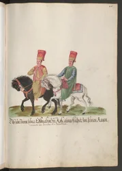 Het hof van de sultan: twee schildknapen van de sultan te paard