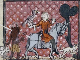 De zonde van wereldse ijdelheden: een ruiter met zijn valk en hond wordt benaderd door een duivel. Een van een set die de verleidingen illustreert, uit gedichten van Matfre Ermengau, ca. 1300-1320