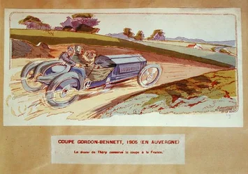 De Richard-Brasier auto bestuurd door Leon Thery tijdens de Gordon-Bennett race in de Auvergne in 1905, ca. 1910