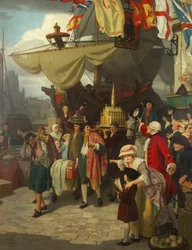 Het lossen van twee veroverde Spaanse schatboten in Bristol in september 1745