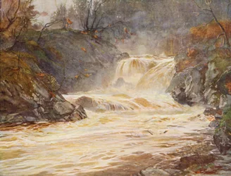 De watervallen van Lochay in overstroming