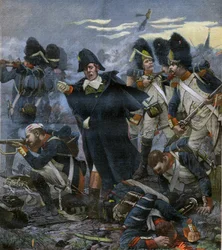 Generaal Pierre Cambronne (1770-1842) naast zijn troepen in de Slag bij Waterloo - gravure naar Delahaye, Ernest Jean (1855-1921)