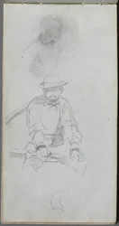 Schetsboek, pagina 30: Zittende mannelijke figuur en figuur in profiel