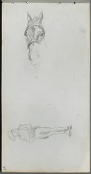 Schetsboek, pagina 69: Studie van een hand, een paard en een figuur