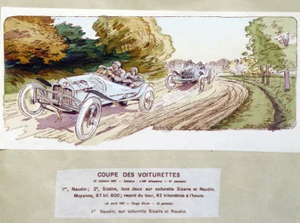 Autoracen: snijwagens in 1907 - tekening door Ernest Montaut (1878-1909)