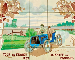 De Knyff rijdt in een Panhard auto in de Tour de France van 1899: keramische tegels vervaardigd door Gilardoni Fils et Cie uit Parijs, naar een tekening van Ernest Montaut (1878-1909)