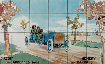 Hemery rijdt in een Darracq-auto in het Circuit des Ardennes van 1905 (na een tekening van Ernest Montaut)