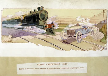 Racen: de Vanderbilt Cup in 1904 - tekening door Ernest Montaut (1878-1909)