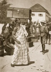 Dragers vertrekken van Cape Coast Castle naar Kumassi, illustratie uit 