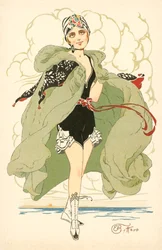 Mooi meisje in frilly badpak en cape (kleurenlitho)