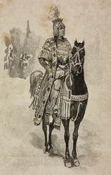 Hertog van Aosta Emanuele Filiberto van Savoye in kostuum van Umberto Biancamano bij Villa Borghese toernooi ter gelegenheid van zilveren huwelijk van Umberto I en Margherita van Savoye, Rome, Italië
