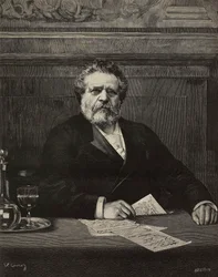 Giosue Carducci, Italiaanse dichter en schrijver, Nobelprijswinnaar in 1906, gravure door Ernesto Mancastroppa naar schilderij van Vittorio Corcos, uit L