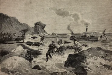 Doding van luitenant Carlo Zavagli (1867-1890) in Warsheikh, in Somalië, 24 april, gravure van Ernesto Mancastropa naar een tekening van Gennaro Amato, uit L