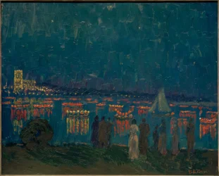 Lampionoptocht op de Außenalster met Uhlenhorster Fährhaus op de achtergrond