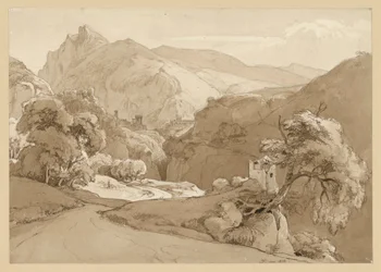 Italiaans berglandschap, met de ruïne van een ronde tempel op de middengrond