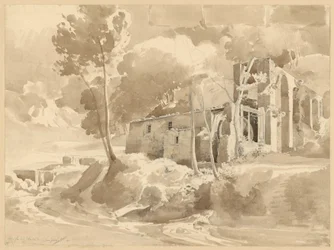 Landschap met rivier en aquaduct met molen bij Massa