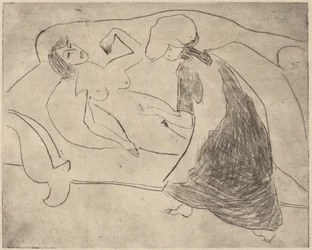 Meisje, met een ander die haar buik wrijft, 1910