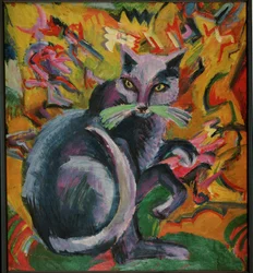 Grijze kater op een kussen (schilderij op canvas)