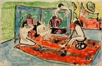 Ansichtkaart aan Maschka Mueller van 17.02.1911 (Vier vrouwelijke naakten in het atelier)