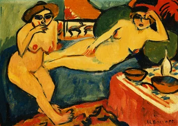 Twee naakten op een blauwe sofa, ca. 1910-1920