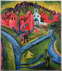 Dorp met blauwe wegen (schilderij op doek)
