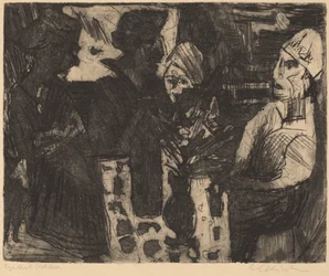 Vrouwen aan een tafel in een kamer (recto) / Naakte vrouw (verso)