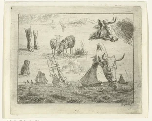 Studieblad met een zeegezicht, twee koeienkoppen, schapen, een hond en twee poten