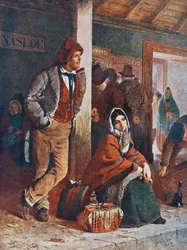 Ierse emigranten op het station van Ballinasloe op weg naar Galway, Ierland om aan boord te gaan van boten naar Amerika in de 19e eeuw, naar het schilderij van Erskine Nicol.