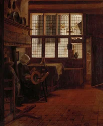 Interieur met vrouw aan het spinnewiel