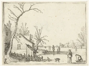 Boerderij bij bevroren rivier en schaatsers op het ijs