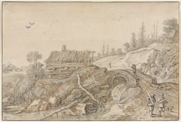 Heuvelachtig landschap met hut naast een stroom
