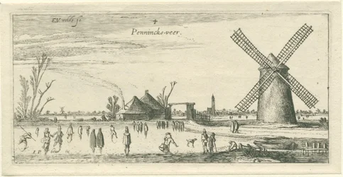 Schaatsers op het ijs bij een molen in de buurt van Penningsveer