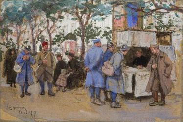 Soldaten bij een krantenkiosk, Parijs, 1917