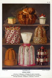 Cakes variëren: brioche, gebrek, timpani van amandelpasta bedekt met room en aardbeien, croquenbouche van genoise, Parijse nougat, biscuit, sultane, Breton - Plaat nr. 2 uit het Patisserie Boek van Jules Gouffe, officier de bouche du Jockey-Club de Paris