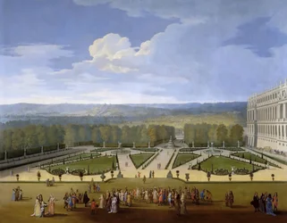 Lodewijk XIV en zijn hof op een wandeling in de tuinen van Versailles