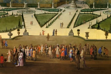 Promenade van Lodewijk XIV in het zicht van het noordelijke parterre in de tuinen van Versailles (detail)
