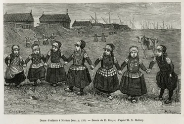 Kinderdansen in Marken (Nederland), gravure naar een tekening van E. Ronjat, illustratie van het verhaal van Nederland, door Charles de Coster, in 1878, gepubliceerd in Le tour du monde