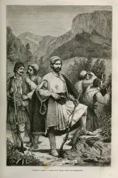 Griekse bandieten en herders, medeplichtigen in de bergen, tekening door E. Ronjat, ter illustratie van het verhaal van Henri Belle: Reis naar Griekenland